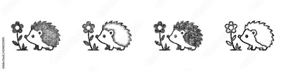 Fototapeta premium Monochrome sketch hedgehog flower icon design set
