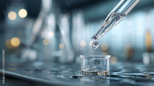 Macro of a glass pipette releasing a clear droplet into a small dish on a wet lab bench with softly blurred equipment behind