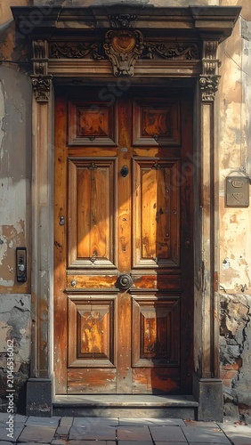 Antique wooden door with intricate carvings and glass panels.