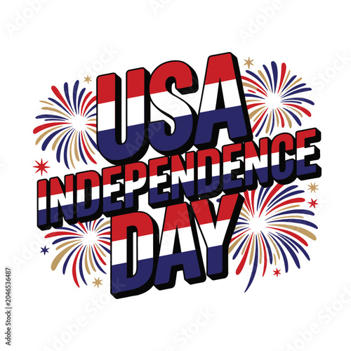 Bold text 'USA Independence Day' in red, white, and blue. Decorated with colorful fireworks. Perfect for July 4th celebrations, patriotic events, and national holiday themes.