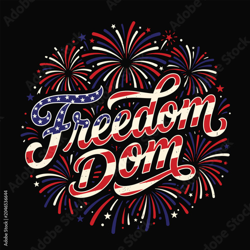 The word 'Freedom' beautifully stylized with American flag colors and patterns. Surrounded by vibrant fireworks. Represents liberty and patriotism. Ideal for national holidays.