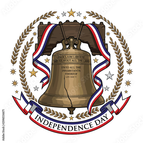 Iconic Liberty Bell illustration, symbolizing American independence. Adorned with red, white, and blue ribbons, laurel wreaths, and stars. Text 'Independence Day'.