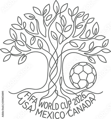 Vector line art tree logo with soccer ball, roots forming text, isolated on white