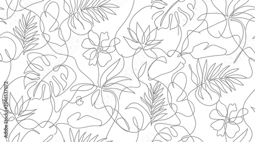 Continuous line art vector seamless pattern with tropical leaves and flowers, black outline on white background, botanical illustration