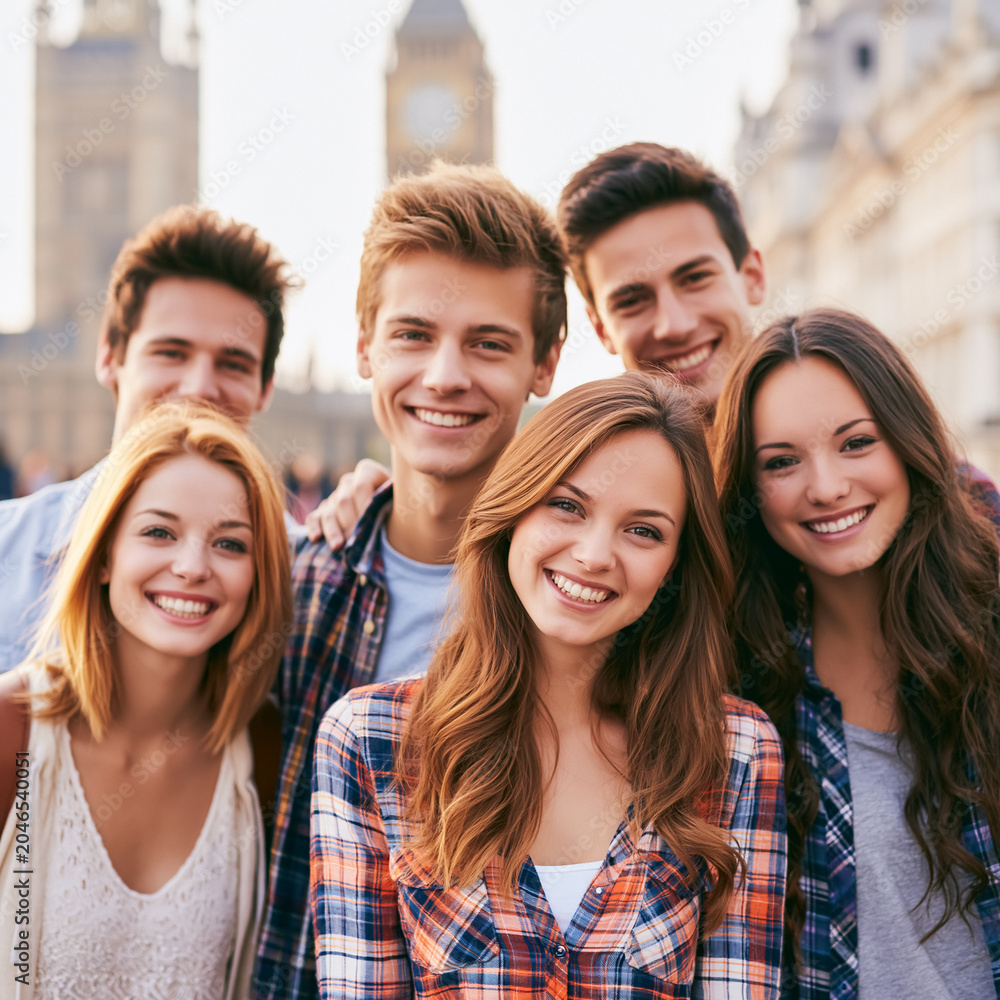 Obraz premium Cheerful young people smiling, exploring London, enjoying togetherness and friendship during a city trip