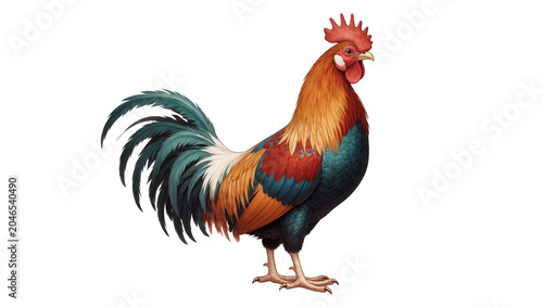 Photos Isolated vibrant rooster with colorful feathers, proud farm animal standing calm