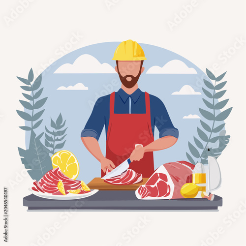 Butcher preparing meat with lemon slices