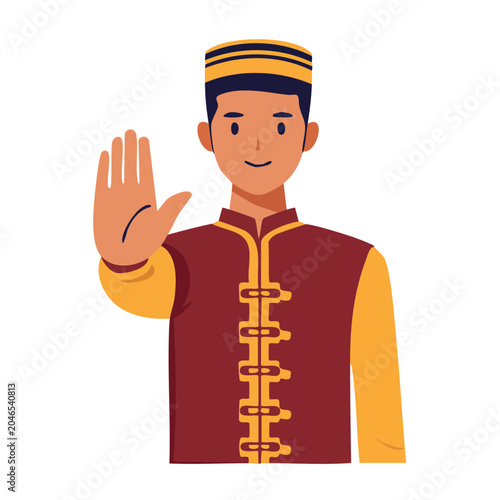 Man in traditional attire with hand raised