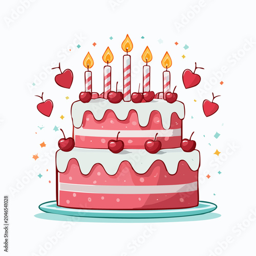 Two-Tiered Birthday Cake with Candles and Cherries