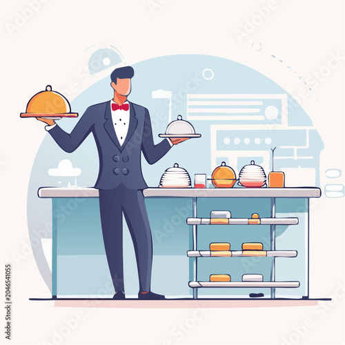 Waiter Serving Food with Cloches
