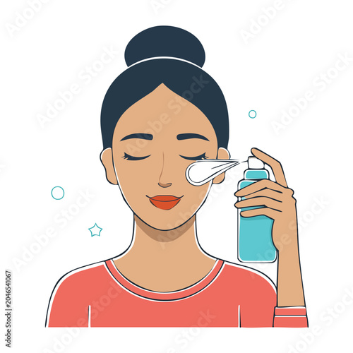 Woman applying skincare product with cotton pad and spray bottle