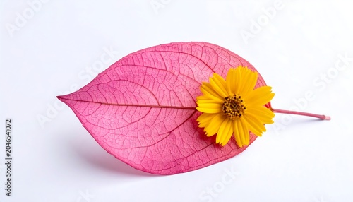A bright pink leaf with a vibrant yellow flower on a white background