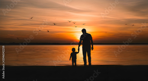 Silhouette of father and child holding hands at sunset by the sea with silhouette, parenting