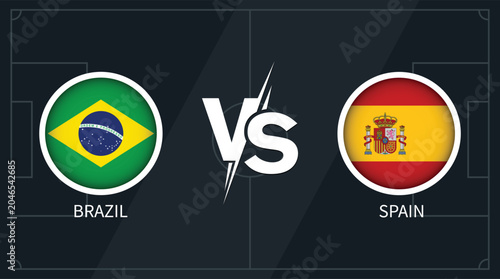 Tablou pe pânză Brazil vs Spain national football teams rivalry showdown with flags in dramatic