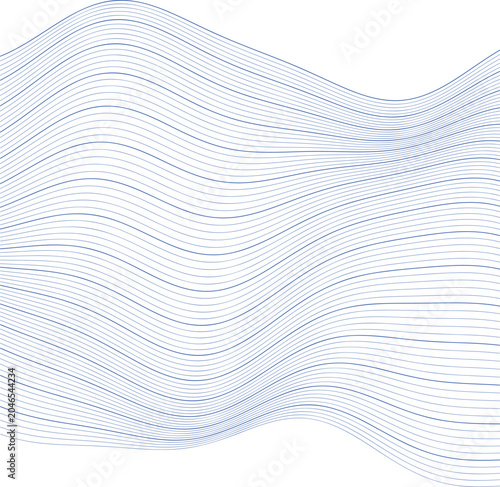 Minimalist blue wave line art vector, abstract flowing curved lines on white background, elegant wavy pattern for corporate branding, modern tech aesthetic with soft blue gradient strokes