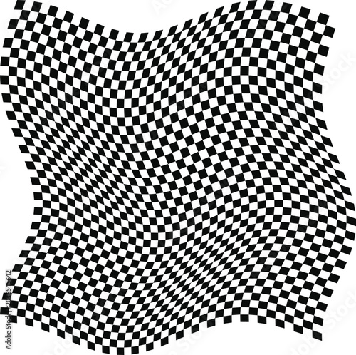 Distorted checkered flag vector with wavy motion effect, black and white racing pattern background, warped checkerboard texture for automotive sports and high speed competition graphics