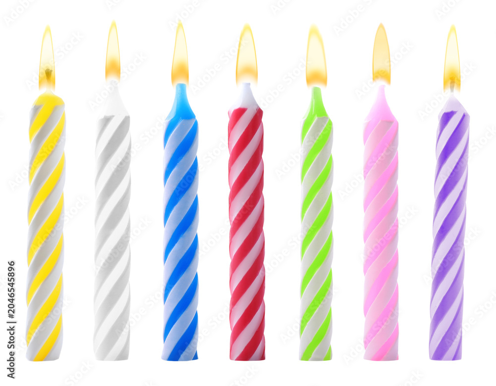 Obraz premium Burning birthday candles on transparent background, set
