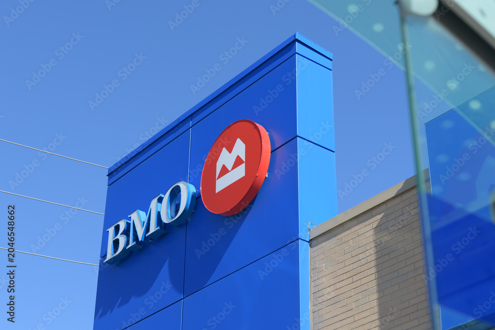 Fototapeta premium exterior building facade and sign of BMO Bank of Montreal located in SmartCentres, 2471 St Clair Av W, Toronto