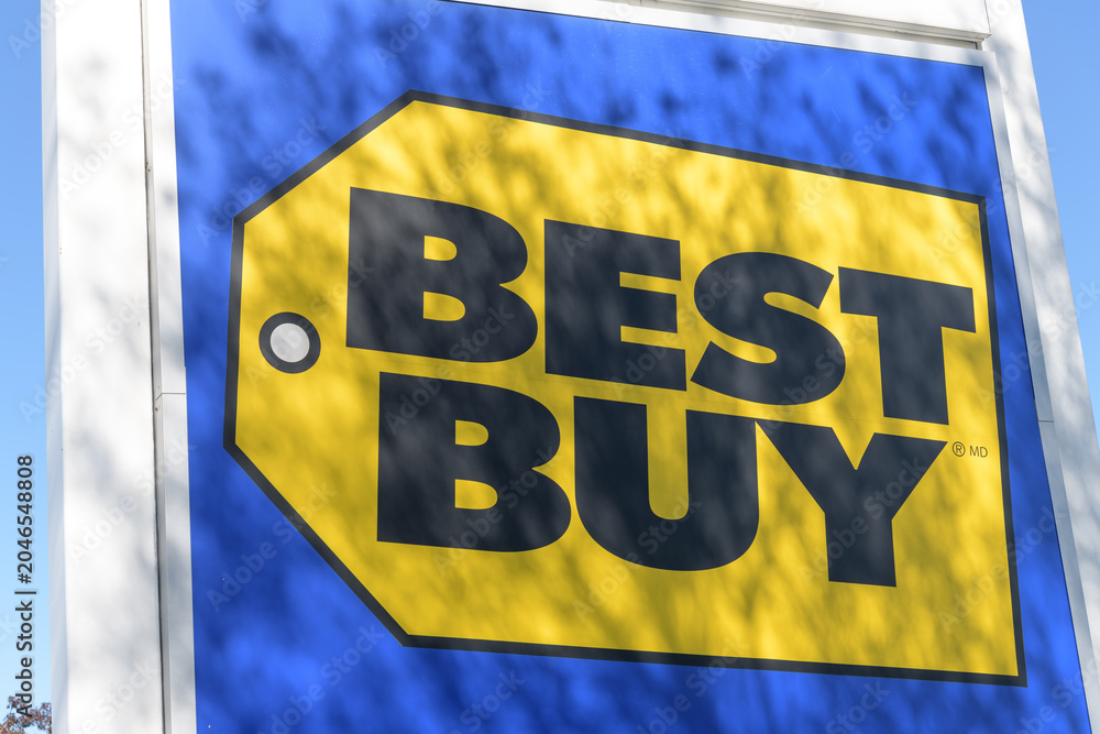 Naklejka premium close-up of sign on St Clair Av W of Best Buy, an electronics store chain, located here at 10 Old Stock Yards Rd, Toronto
