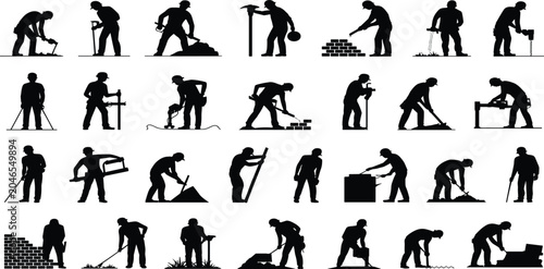 Canvas Print Construction, workers, silhouette, set, builders, industrial, labor, helmet, too