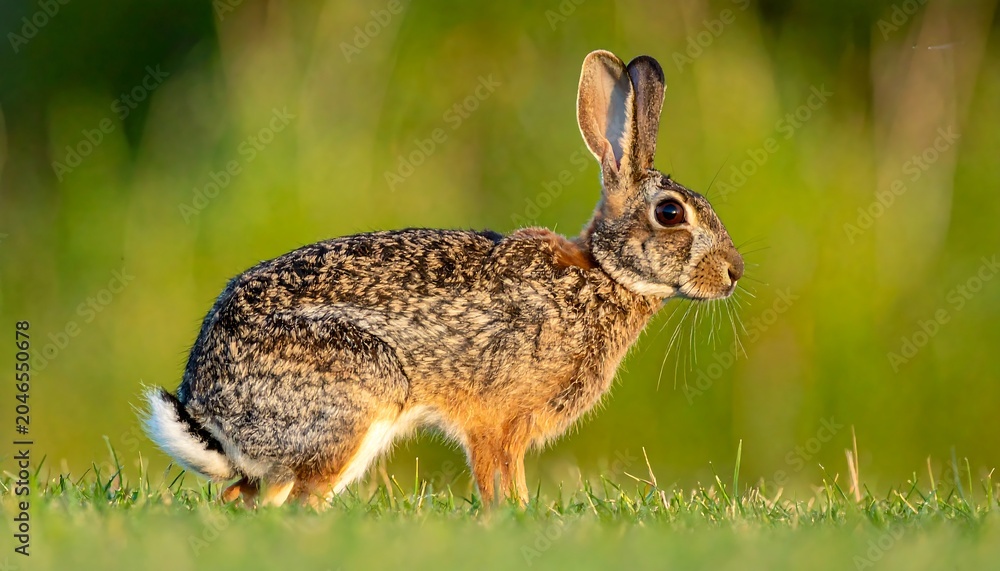 Obraz premium A brown rabbit stands in a field of green grass
