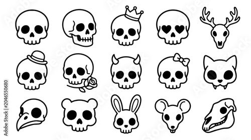Collection of cute cartoon human and animal skull designs