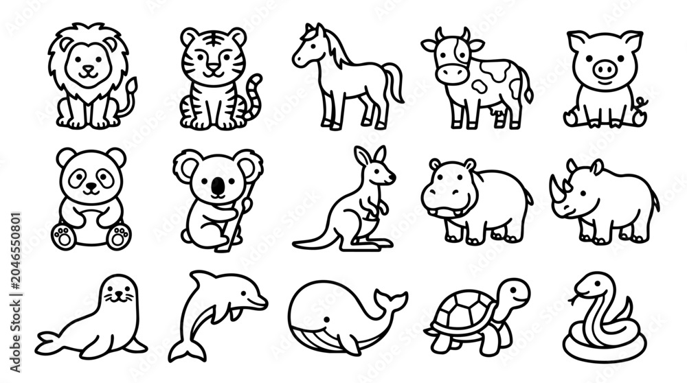 Fototapeta premium Adorable cartoon animal outlines set