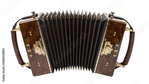Cuadro en lienzo Isolated vintage concertina musical instrument with ornate wooden body and leath