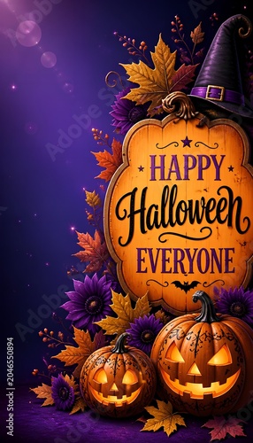 Vertical Happy Halloween Pumpkin Sign with Witch Hat, Autumn Leaves and Copy Space, Festive Seasonal Poster Background for Halloween Marketing and Celebration