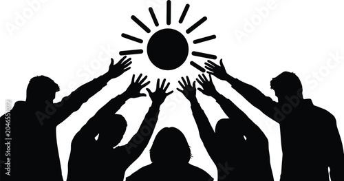 Group of People Silhouettes Raising Hands Together Under Sunlight Symbolizing Unity, Teamwork, and Celebration - Minimalist Line Art Vector