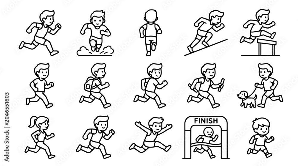 Naklejka premium Line art people running activities set
