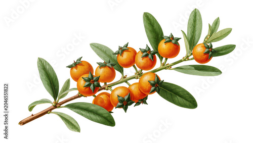 Obraz na płótnie Isolated branch with vibrant green leaves and ripe orange fruits for botanical d