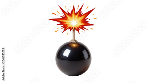Fotografija Black spherical bomb with a bright red and yellow explosion, isolated on transpa