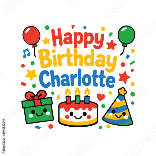 Happy birthday charlotte celebration banner with gift box and cake birthday charlotte balloons celebration greeting colorful illustration