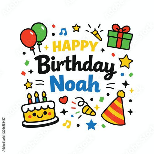 Happy birthday noah colorful celebration graphic with party cake and gift box birthday balloons celebration greeting colorful decoration cheerful