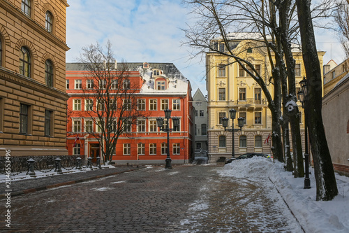 Historic Centre of Riga (Vecrīga) with Cobbled Streets and Saeima Parliament Building, Latvia