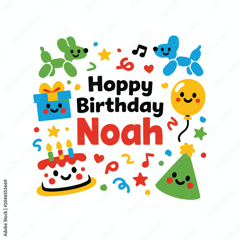 Naklejka premium Hoppy birthday noah cute animal balloon and party celebration design with birthday celebration greeting invitation anniversary celebratory