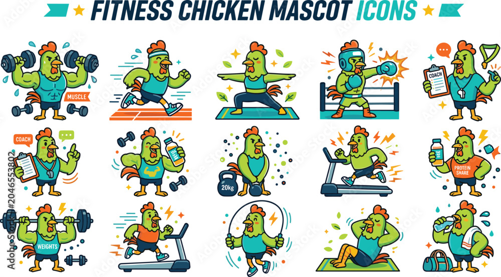 Fototapeta premium Cute Fitness Chicken and Rooster Mascot Icon Set Featuring Gym Workout Exercise Bodybuilding Weightlifting Running Boxing and Yoga Characters on White Background