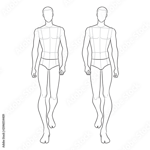 Male fashion illustration template featuring walking runway poses with technical guidelines for apparel design, sketching, and garment development. (
