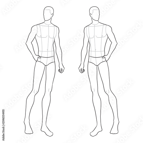 Male fashion illustration template featuring three-quarter-view poses with technical guidelines for apparel design, sketching, and garment development workflows.