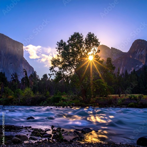 Golden sunset over tranquil mountain river with pine trees.