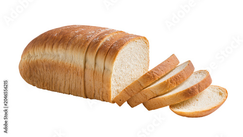 Isolated fresh baked white bread loaf partially sliced and ready for breakfast or sandwiches