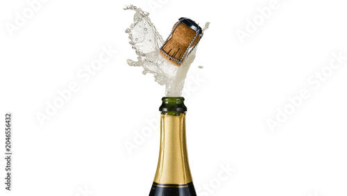 Isolated effervescent champagne bottle explosion with cork and sparkling liquid splash