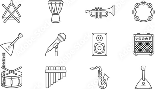 Cuadro en lienzo Musical instruments and sound equipment linear icon set featuring drum trumpet m