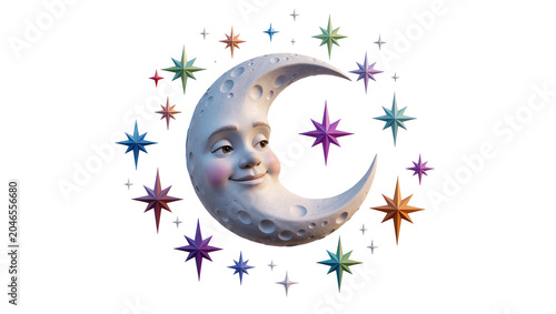 Canvas Print Isolated cheerful cartoon moon character with friendly face and rosy cheeks, sur
