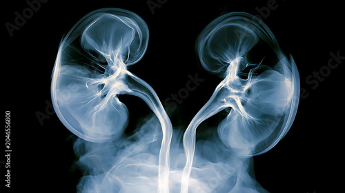 Renal X-ray. Intravenous urography (IVU) using contrast material, showing the kidneys, ureters, and bladder.