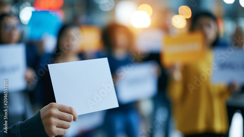 Defocused faceless participants holding community banners or signs with messages, soft focus display, blurred signage, community messaging, with copy space