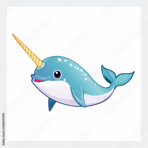 Cute cartoon narwhal with a golden horn