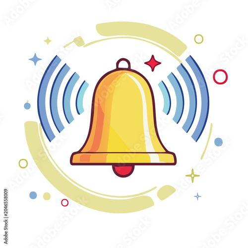 Flat design icon of a ringing bell with sound waves
