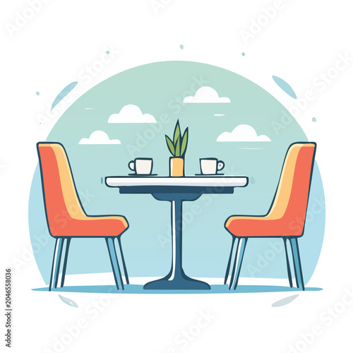 Flat design cafe table with chairs and coffee cups